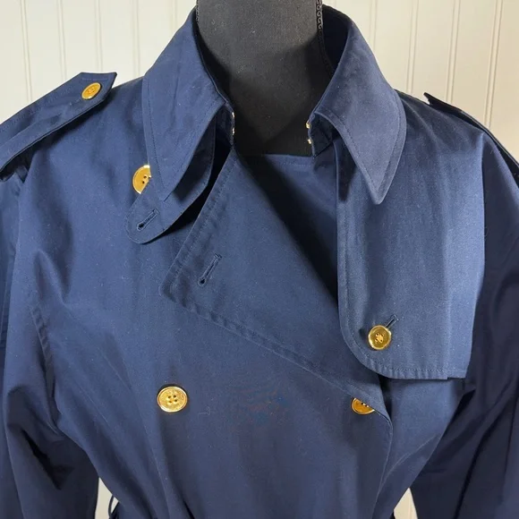 Lauren Ralph Lauren Navy Double-Breasted Belted Trench Coat Checkered Lining L - Picture 6 of 16
